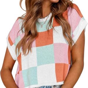Colorful Checkerboard Cropped Knit Sweater Vest Pink Orange Teal